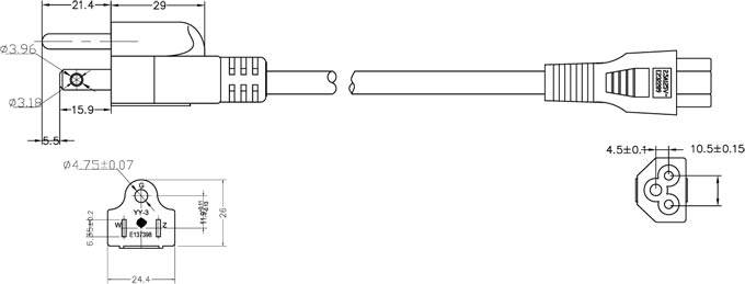 NEMA5-15P UL/CSA认证配IEC 60320 C5梅花尾专用笔记本电源线 NEMA5-15P UL/CSA认证配IEC 60320 C5梅花尾专用笔记本电源线