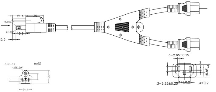美式三芯15A插头配IEC 60320 C13品字尾带Y型分支器
