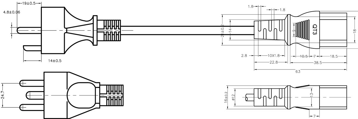 丹麦插头电源线DEMKO配IEC 60320 C13品字尾电源线